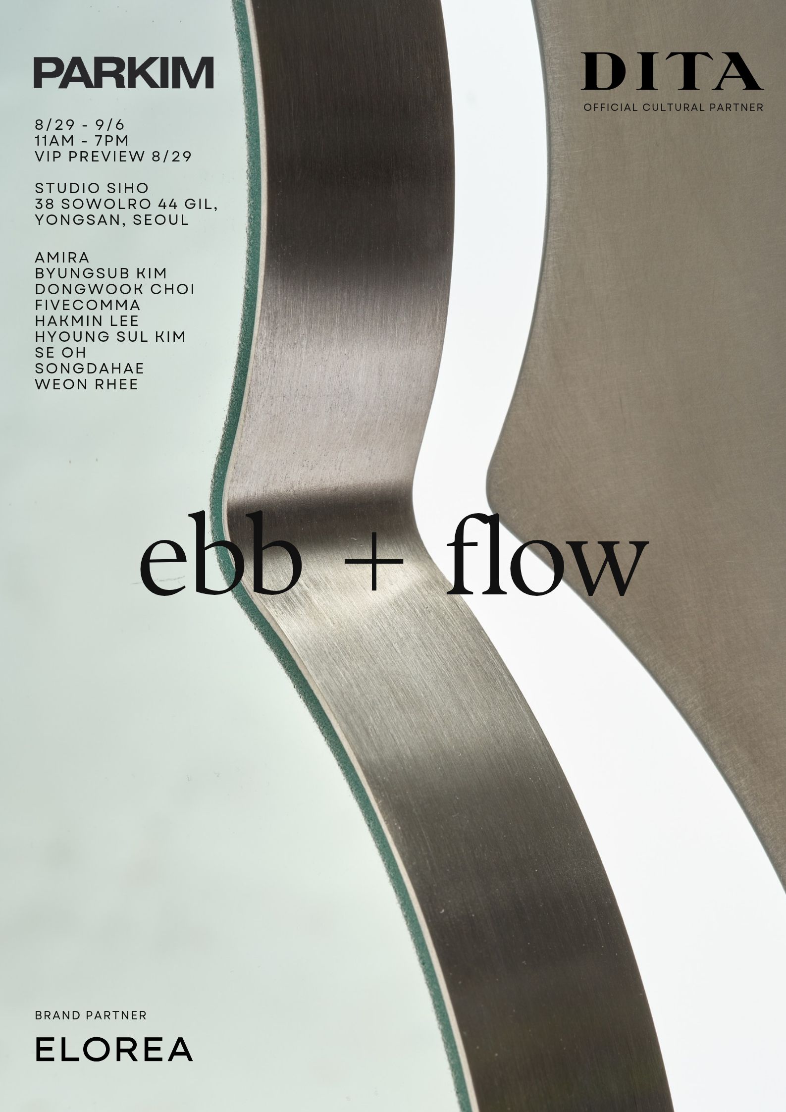 ebb + flow exhibition poster — PARKIM, 29 August to 6 September 2026